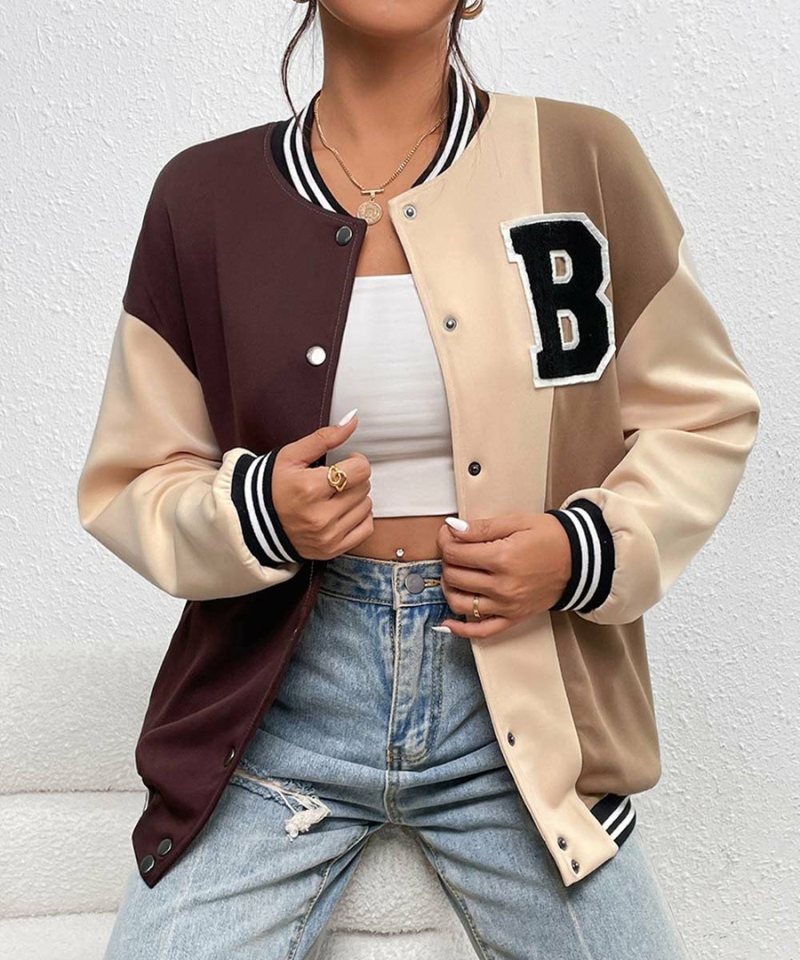 * Clothing | Promo Camisa Khaki & Brown Color Block Snap-Up Varsity Jacket Women