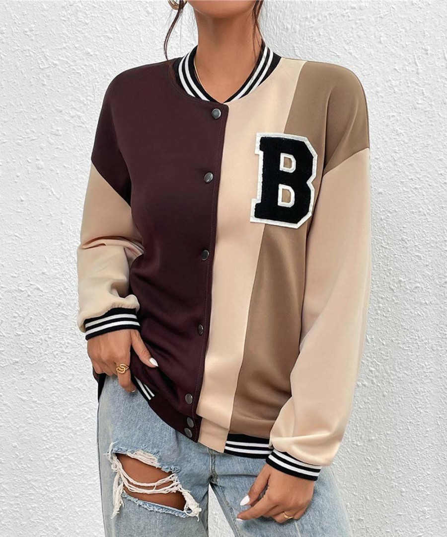 * Clothing | Promo Camisa Khaki & Brown Color Block Snap-Up Varsity Jacket Women