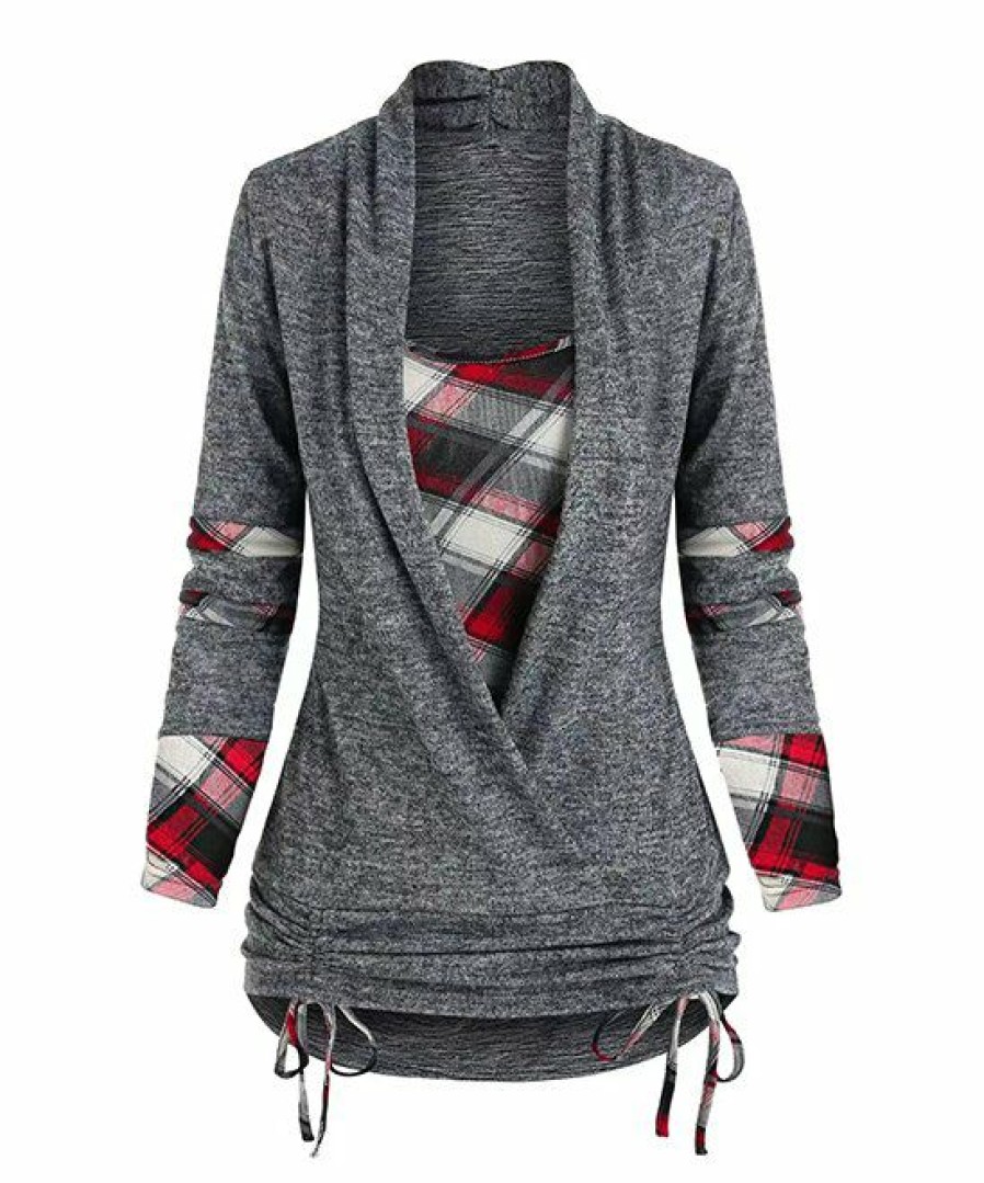 * Clothing | Brand New Camisa Gray & Red Plaid Drawstring-Ruched Layered Top Women