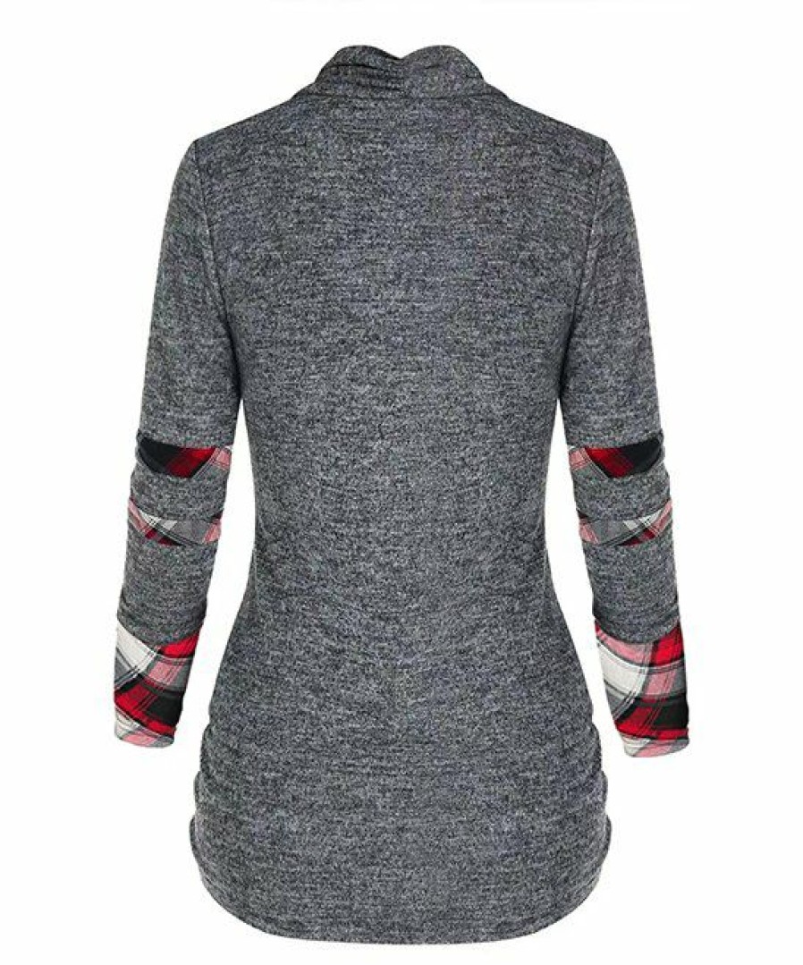 * Clothing | Brand New Camisa Gray & Red Plaid Drawstring-Ruched Layered Top Women