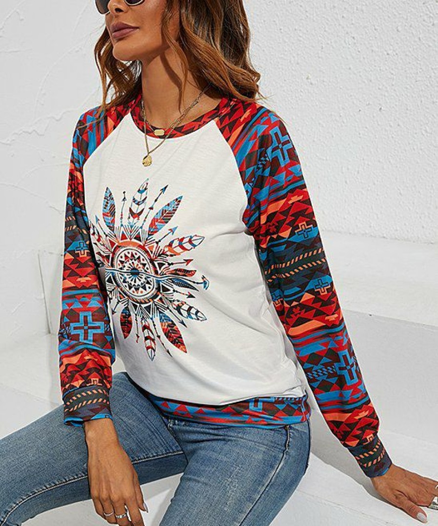 * Clothing | Best Reviews Of Camisa White & Red Geometric Feathers Raglan Sweatshirt Women