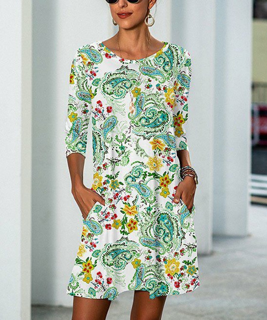 * Clothing | Budget Camisa White & Green Paisley Half-Sleeve Pocket Shift Dress Women