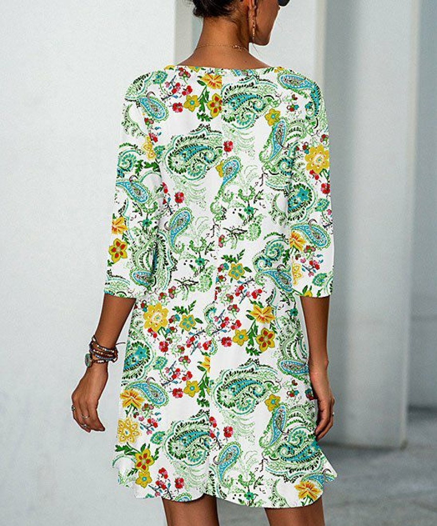 * Clothing | Budget Camisa White & Green Paisley Half-Sleeve Pocket Shift Dress Women