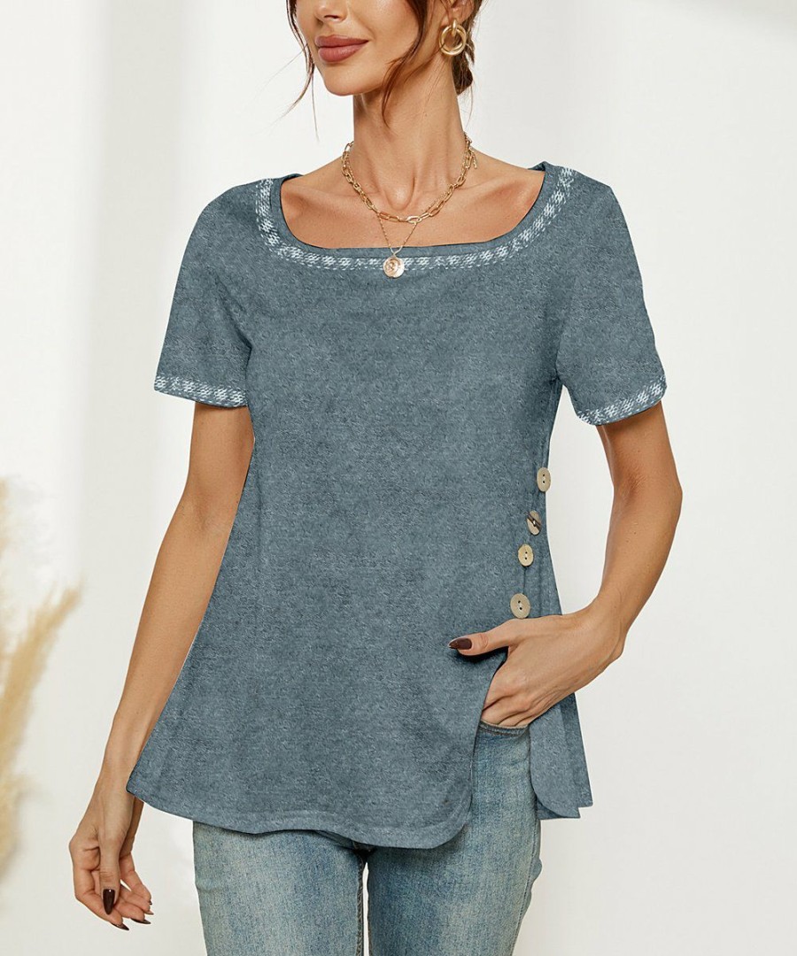 * Clothing | Best Sale Camisa Gray Contrast-Trim Button Slit-Side Boatneck Top Women