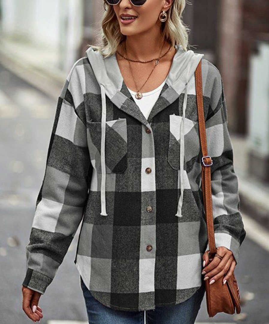 * Clothing | Flash Sale Camisa Black & Gray Plaid Hooded Shacket Women