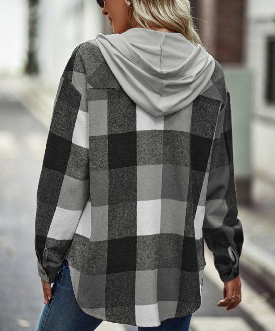 * Clothing | Flash Sale Camisa Black & Gray Plaid Hooded Shacket Women