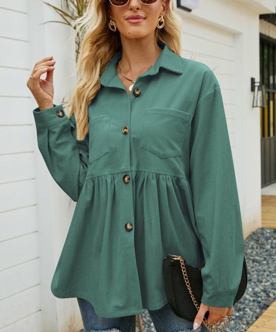 * Clothing | Outlet Camisa Green Button-Up Empire-Waist Corduroy Jacket Women