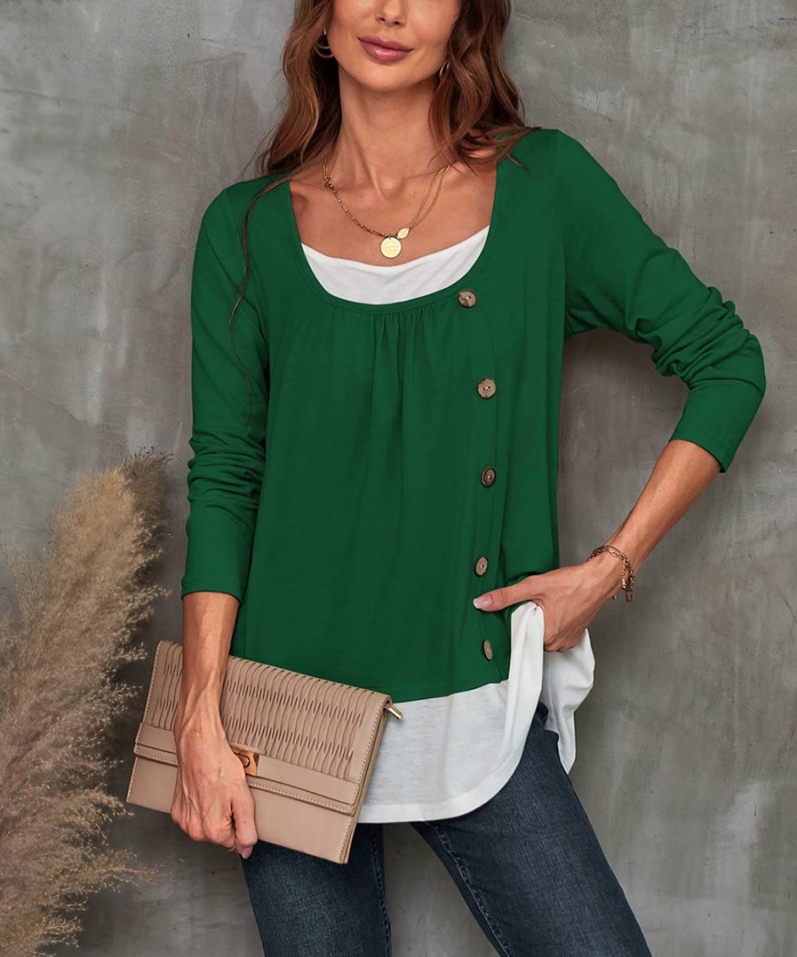 * Clothing | Flash Sale Camisa Green & White Color Block Button-Accent Layered Top Women