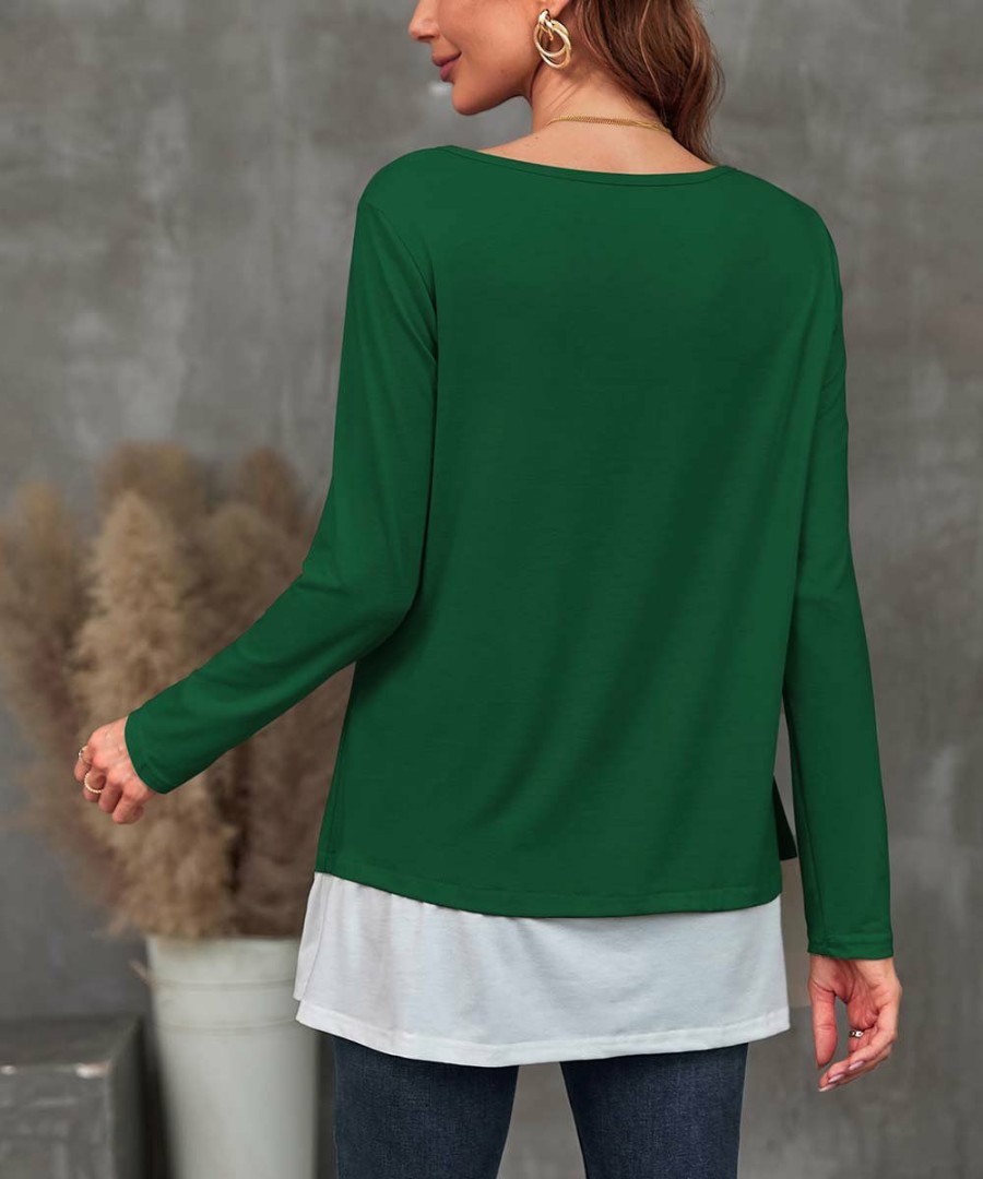 * Clothing | Flash Sale Camisa Green & White Color Block Button-Accent Layered Top Women