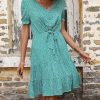 * Clothing | Wholesale Camisa Green Floral Button-Accent Tie-Waist Ruffled Peasant Dress Women