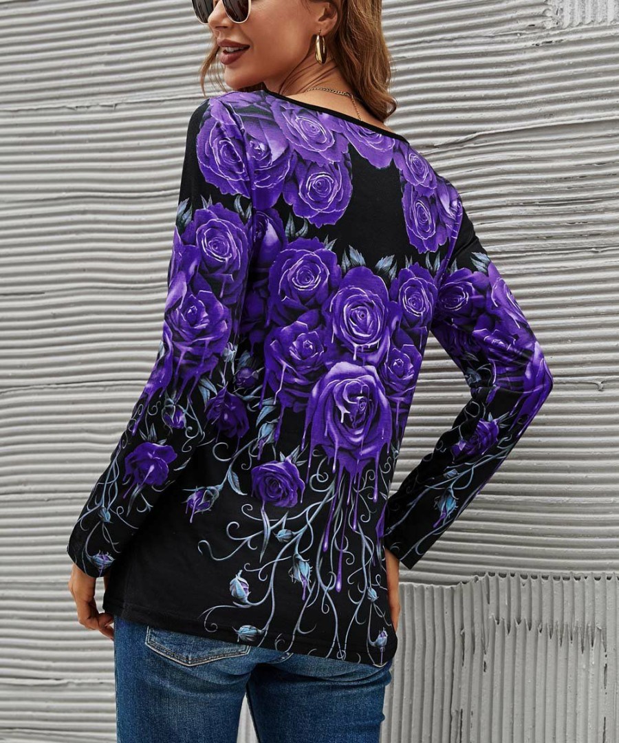 * Clothing | Promo Camisa Purple Roses V-Neck Long-Sleeve Top Women