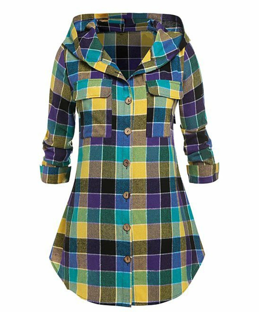 * Clothing | Outlet Camisa Yellow & Blue Plaid Hooded Button-Up Jacket Women