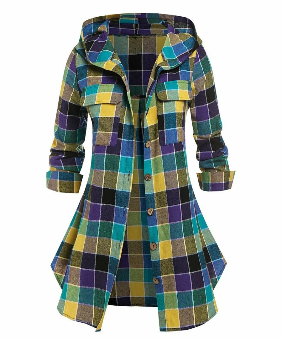 * Clothing | Outlet Camisa Yellow & Blue Plaid Hooded Button-Up Jacket Women