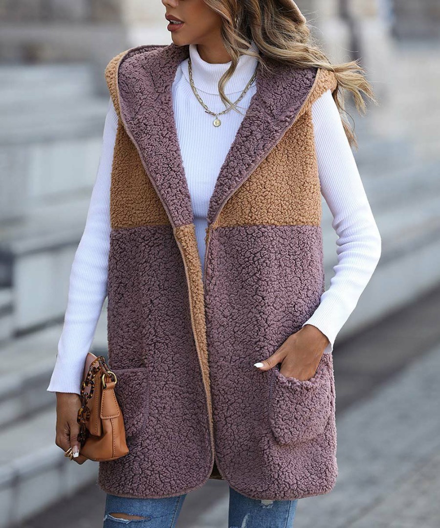 * Clothing | Outlet Camisa Khaki & Purple Color Block Fleece Hooded Vest Women