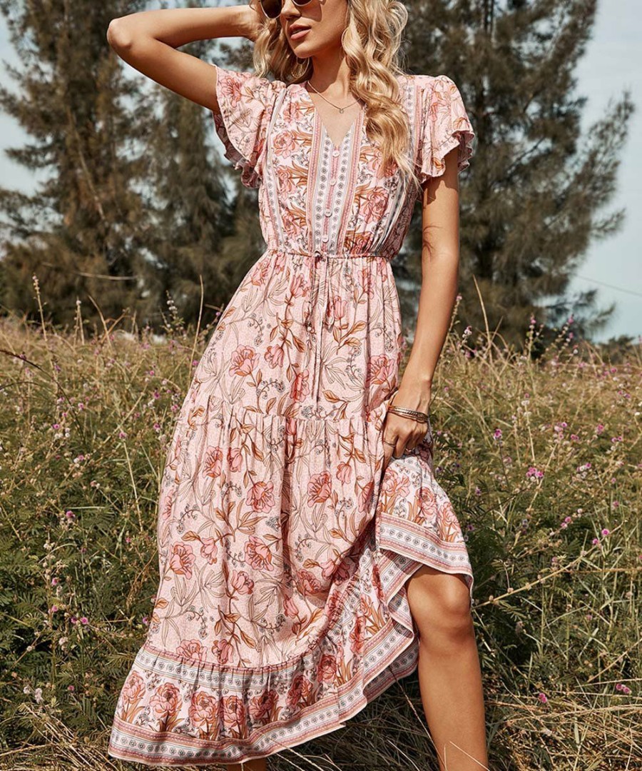 * Clothing | Top 10 Camisa Pink Floral Button-Front Flutter-Sleeve Dress Women