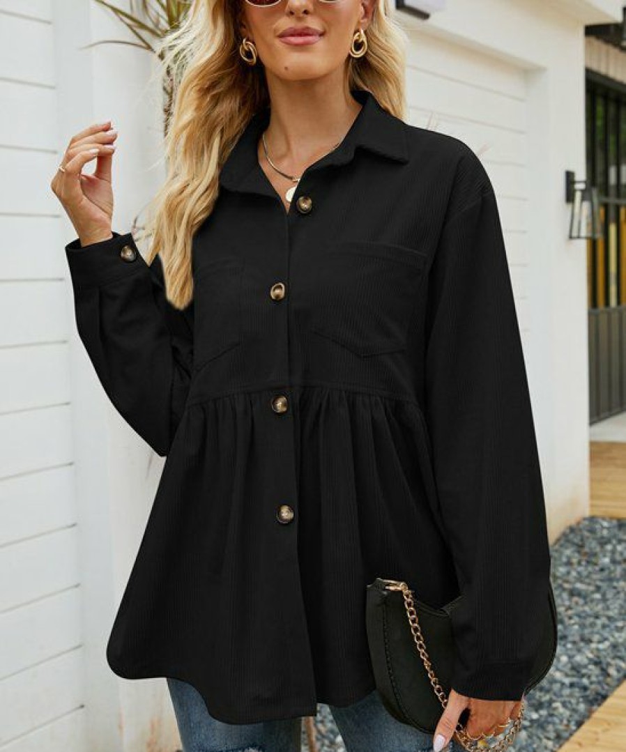 * Clothing | Flash Sale Camisa Black Button-Up Empire-Waist Corduroy Jacket Women