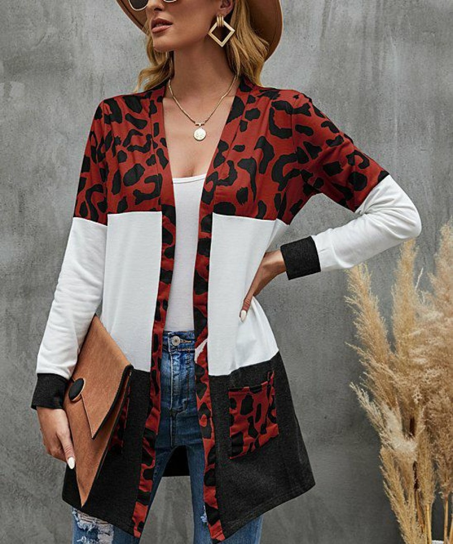 * Clothing | Cheapest Camisa Brick Red & White Leopard Color Block Pocket Open Cardigan Women