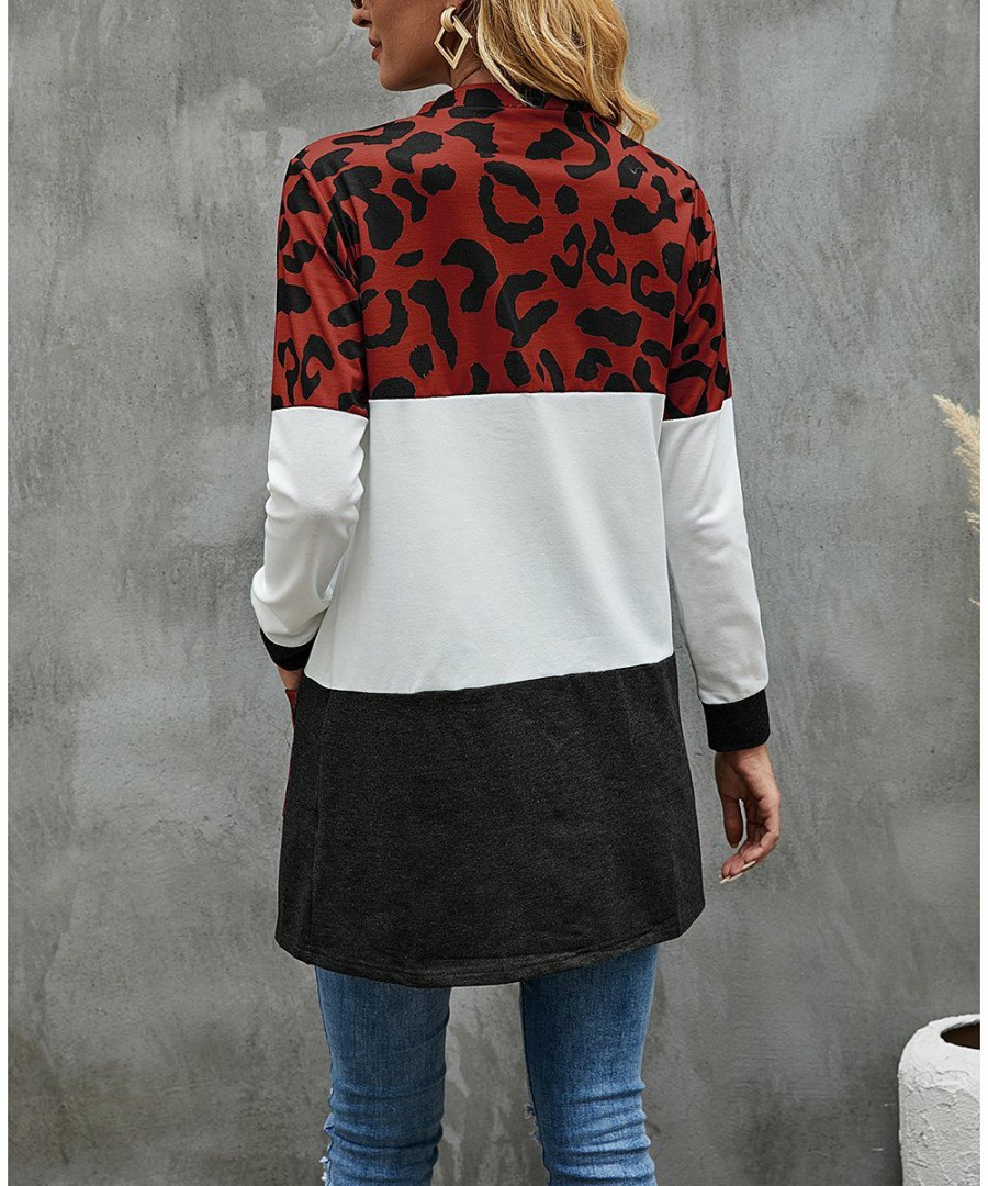 * Clothing | Cheapest Camisa Brick Red & White Leopard Color Block Pocket Open Cardigan Women