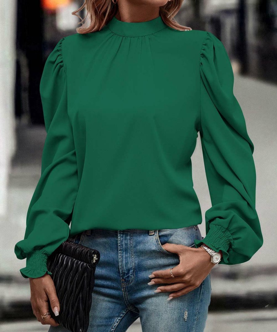 * Clothing | Hot Sale Camisa Green Back Bow Puff-Sleeve Top Women