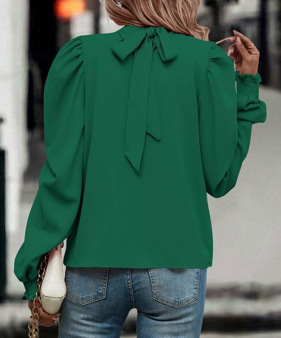 * Clothing | Hot Sale Camisa Green Back Bow Puff-Sleeve Top Women