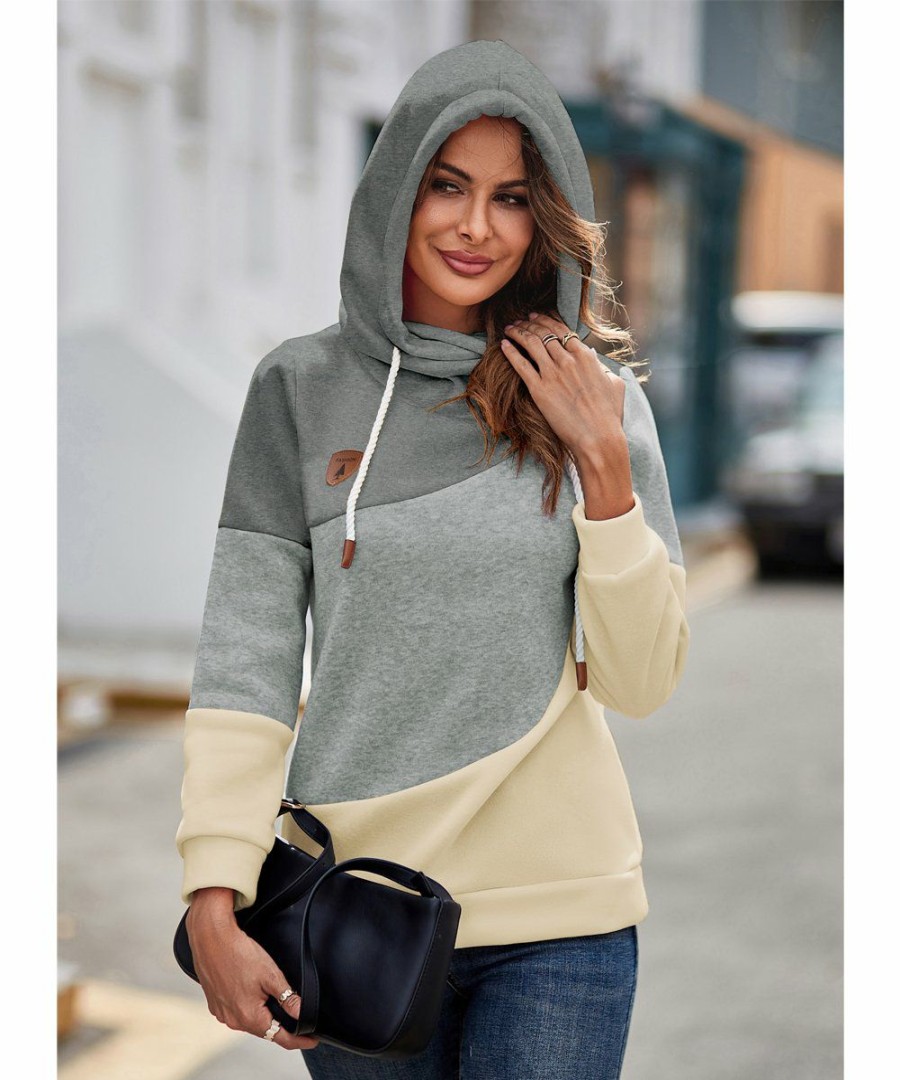 * Clothing | Cheap Camisa Gray Color Block Drawstring Hoodie Women