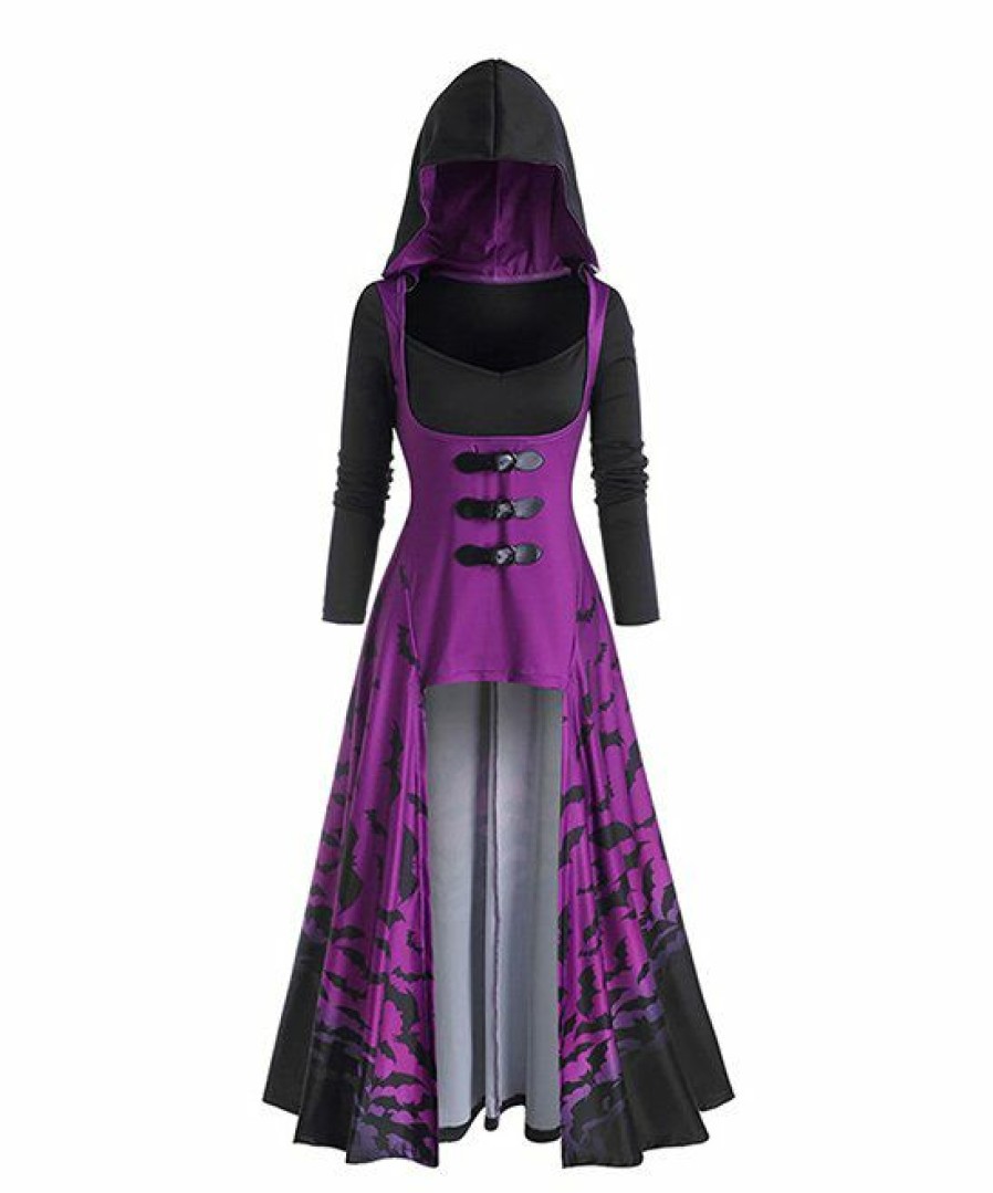 * Costumes & Accessories | Best Deal Camisa Purple & Black Bat Hooded Hi-Low Dress Women