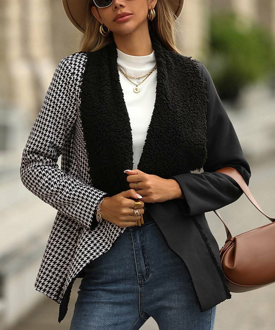 * Clothing | Wholesale Camisa Black Houndstooth Fleece Shawl Collar Open Jacket Women