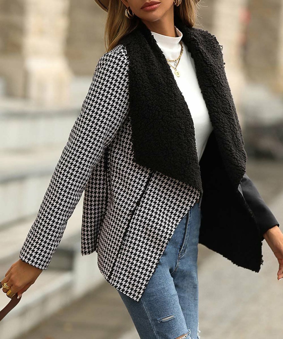 * Clothing | Wholesale Camisa Black Houndstooth Fleece Shawl Collar Open Jacket Women