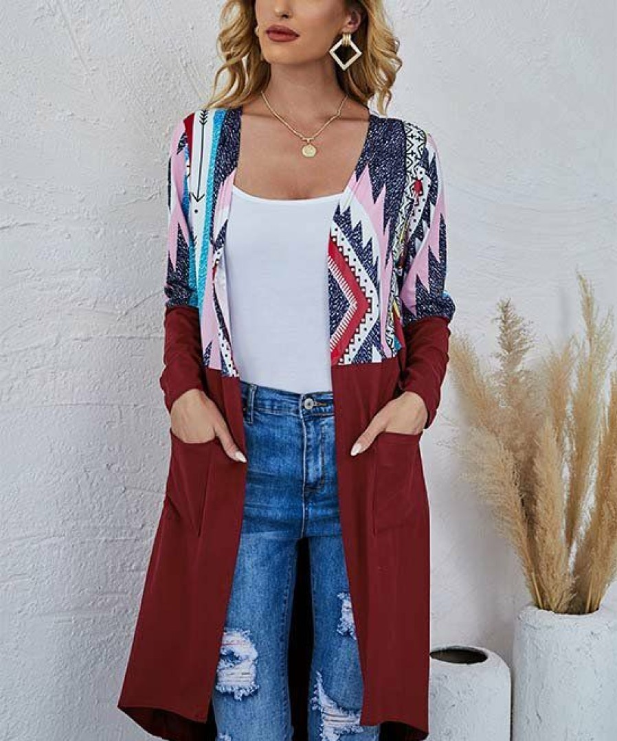 * Clothing | Buy Camisa Wine & White Geometric Pocket Hi-Low Open Longline Cardigan Women