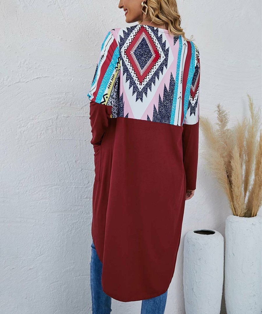 * Clothing | Buy Camisa Wine & White Geometric Pocket Hi-Low Open Longline Cardigan Women