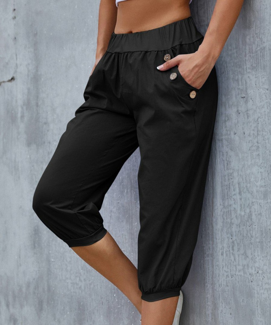 * Clothing | Outlet Camisa Black Button-Accent Elastic-Waist Capris Women