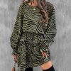 * Clothing | Cheap Camisa Green & Black Zebra Poet-Sleeve Blouson Dress Women