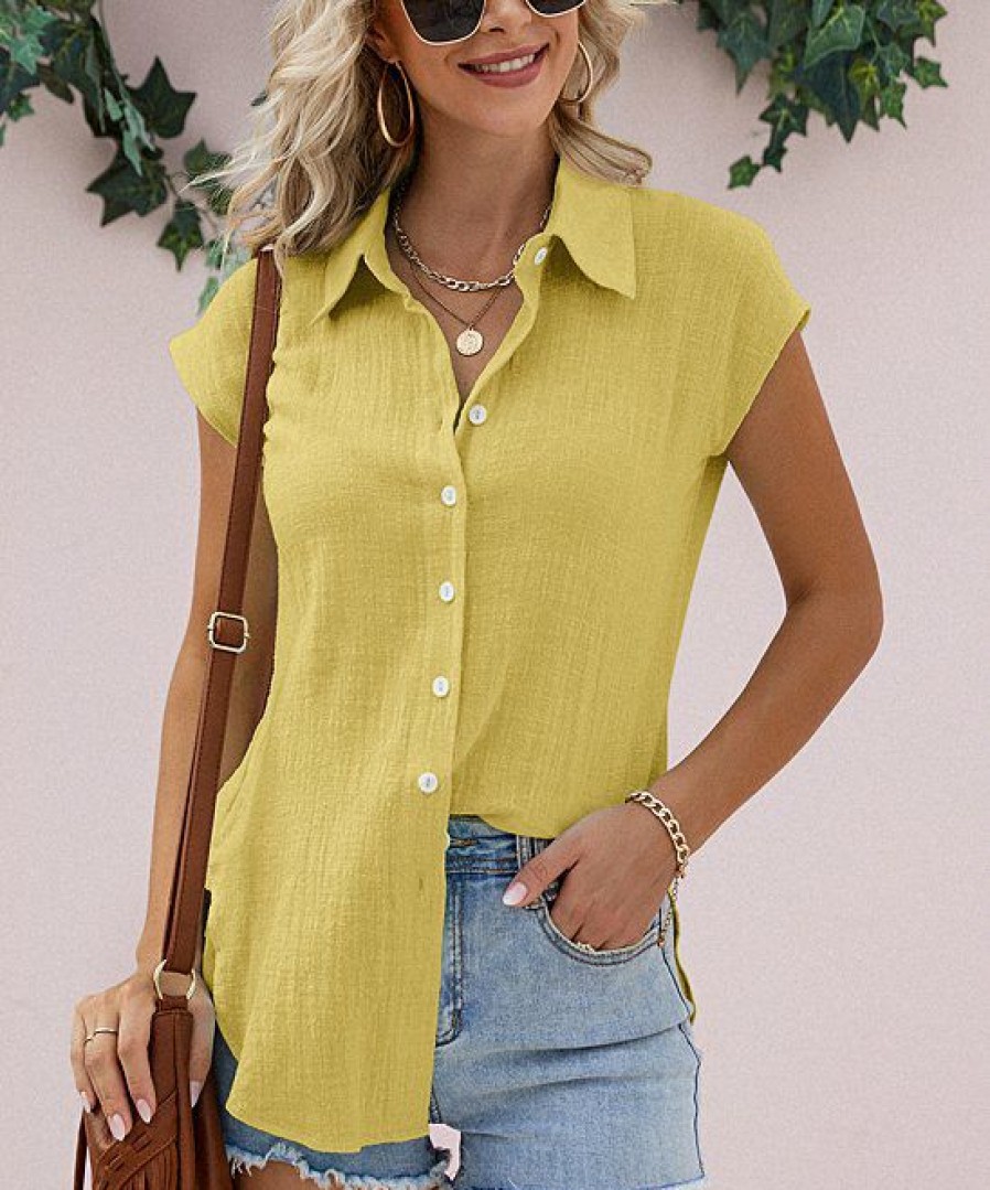 * Clothing | Flash Sale Camisa Yellow Button-Up Short-Sleeve Blouse Women