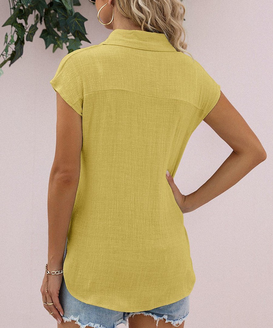 * Clothing | Flash Sale Camisa Yellow Button-Up Short-Sleeve Blouse Women