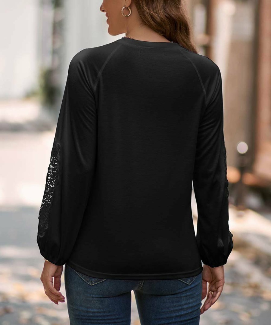 * Clothing | Cheapest Camisa Black Lace Applique Long-Sleeve V-Neck Top Women