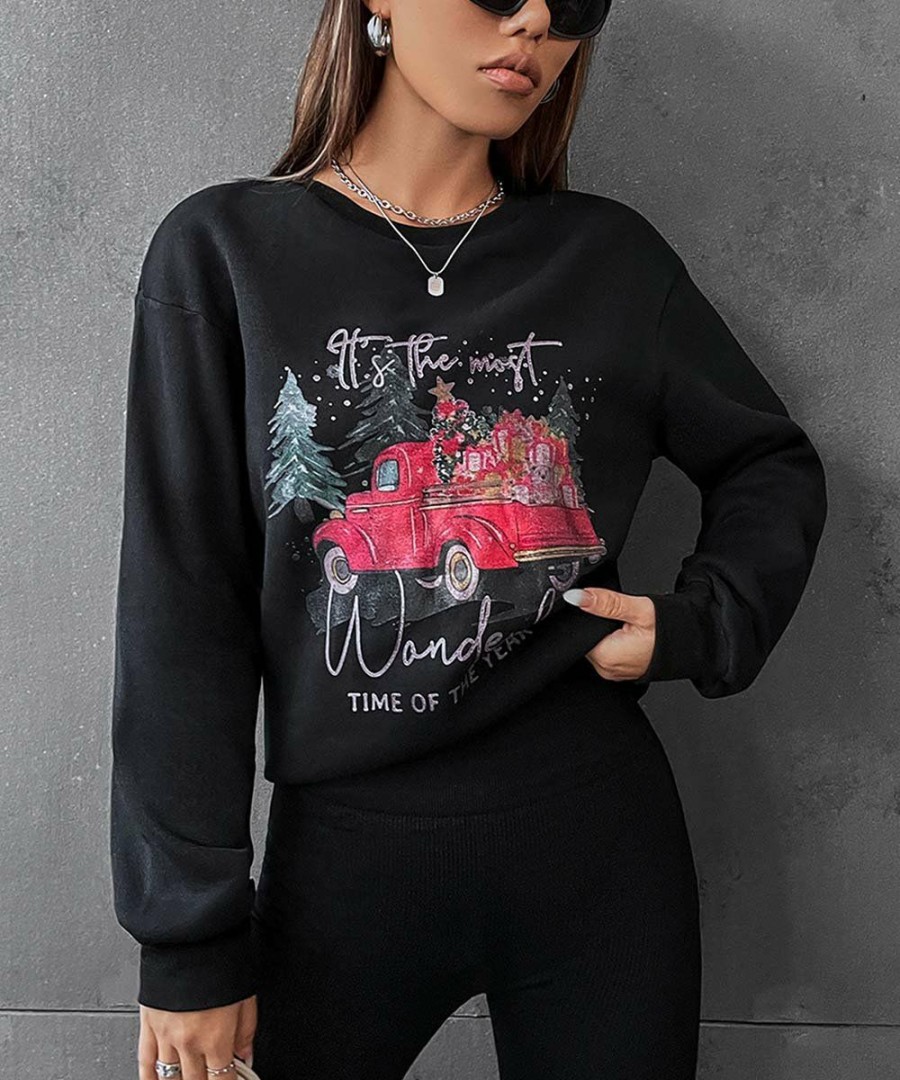 * Clothing | Wholesale Camisa Black & Pink Truck 'Most Wonderful Time' Crewneck Sweatshirt Women