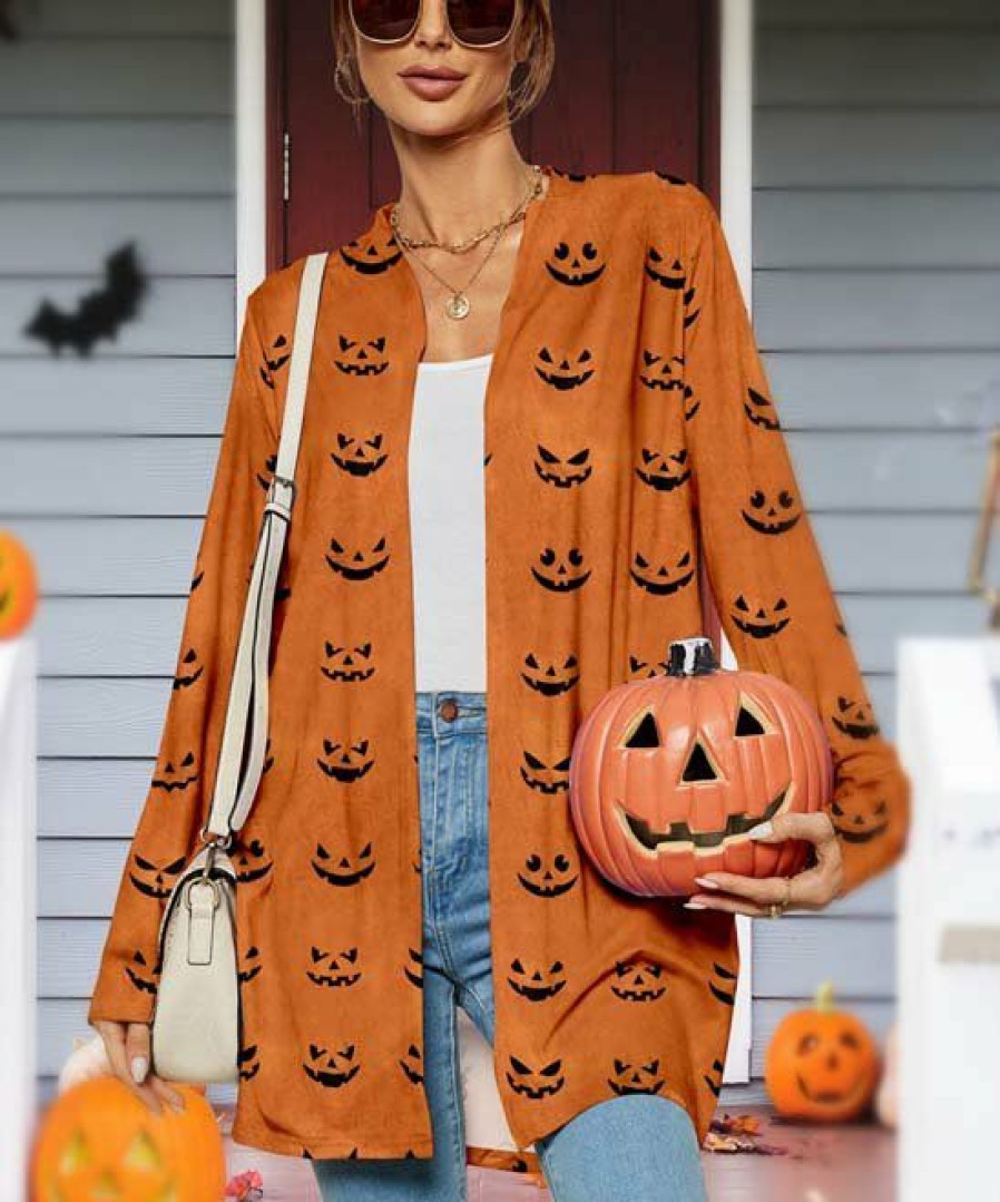 * Clothing | Top 10 Camisa Orange Jack-O'-Lantern Face Open Cardigan Women