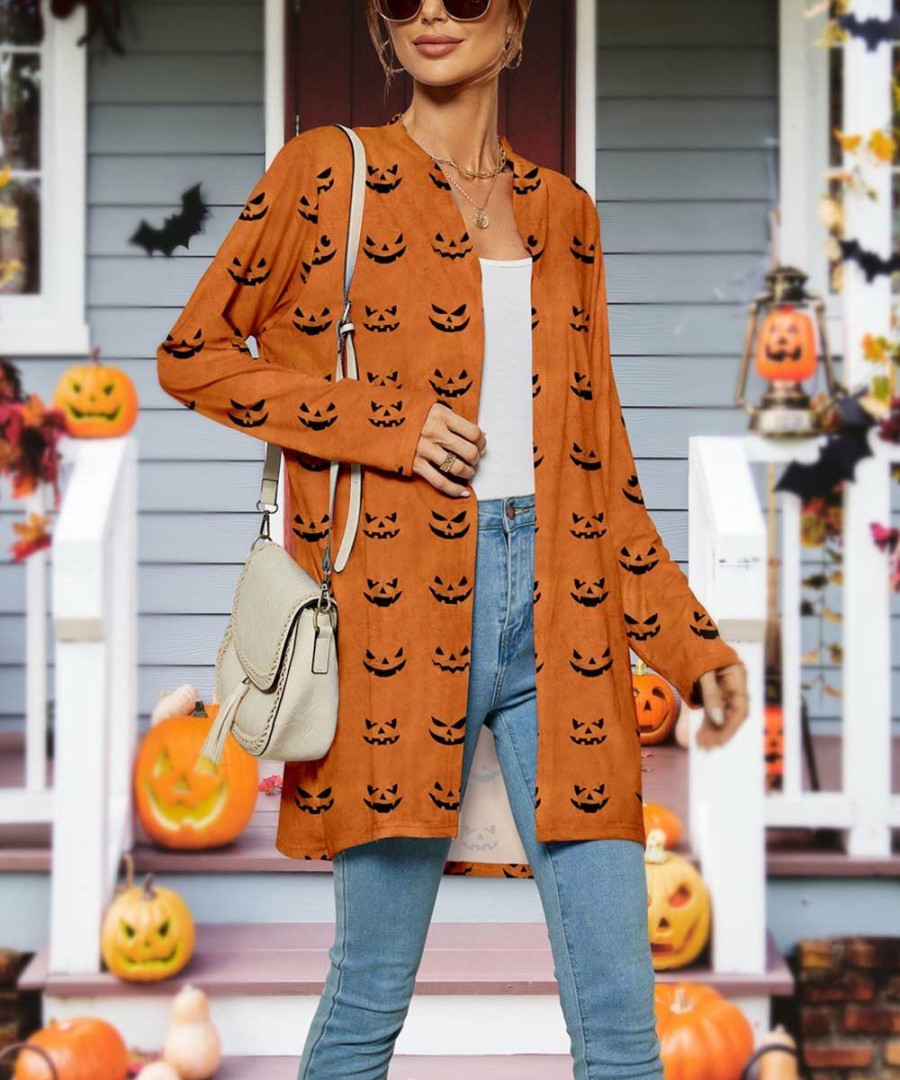 * Clothing | Top 10 Camisa Orange Jack-O'-Lantern Face Open Cardigan Women