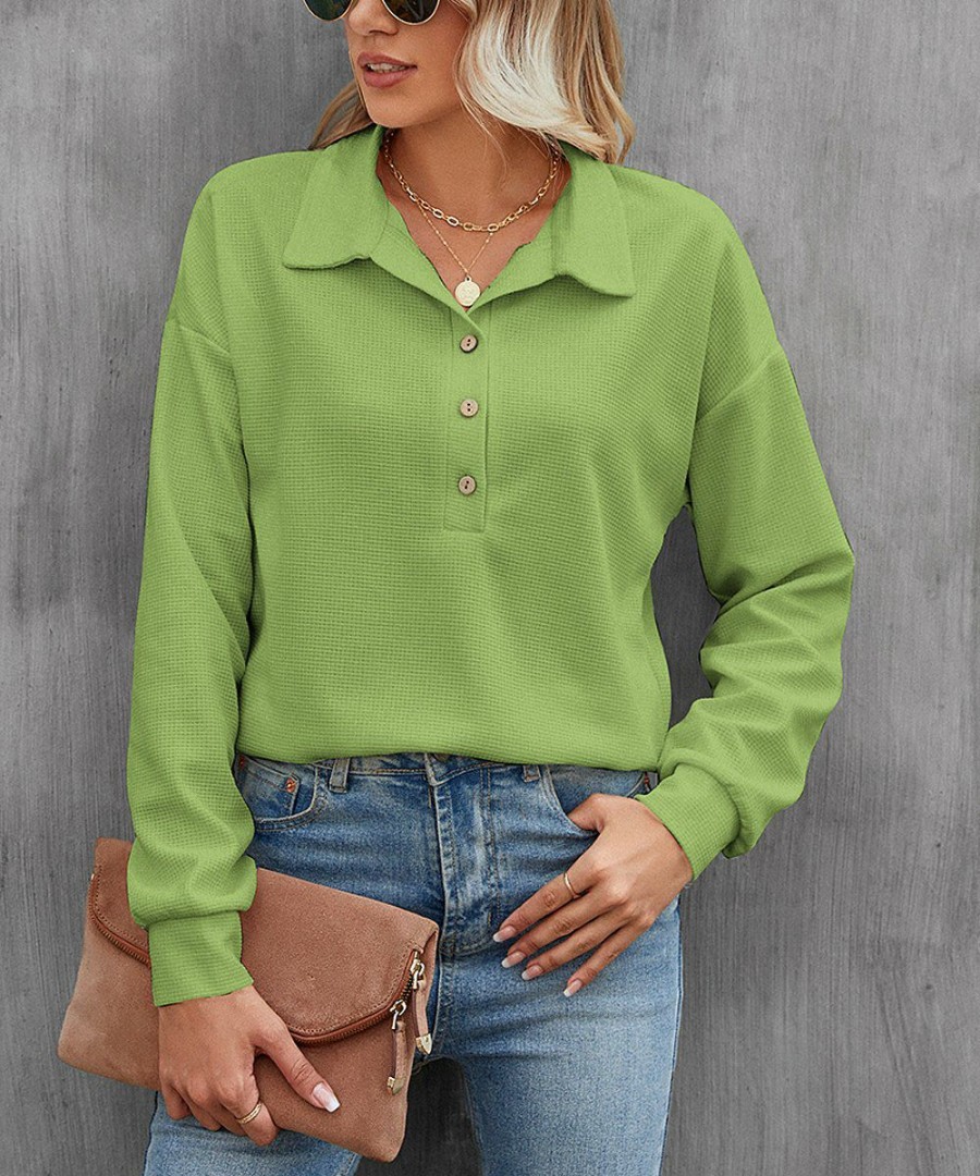 * Clothing | Hot Sale Camisa Green Long-Sleeve Button-Front Top Women