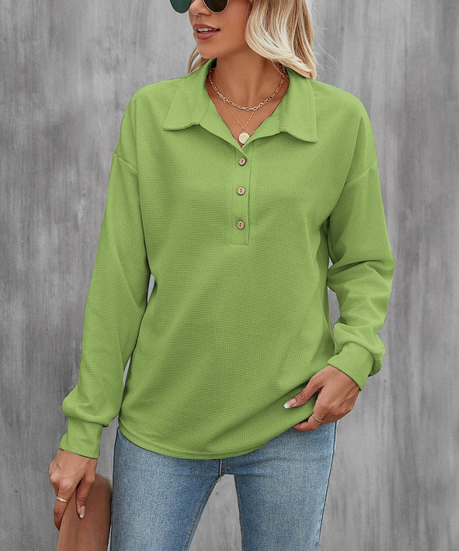 * Clothing | Hot Sale Camisa Green Long-Sleeve Button-Front Top Women