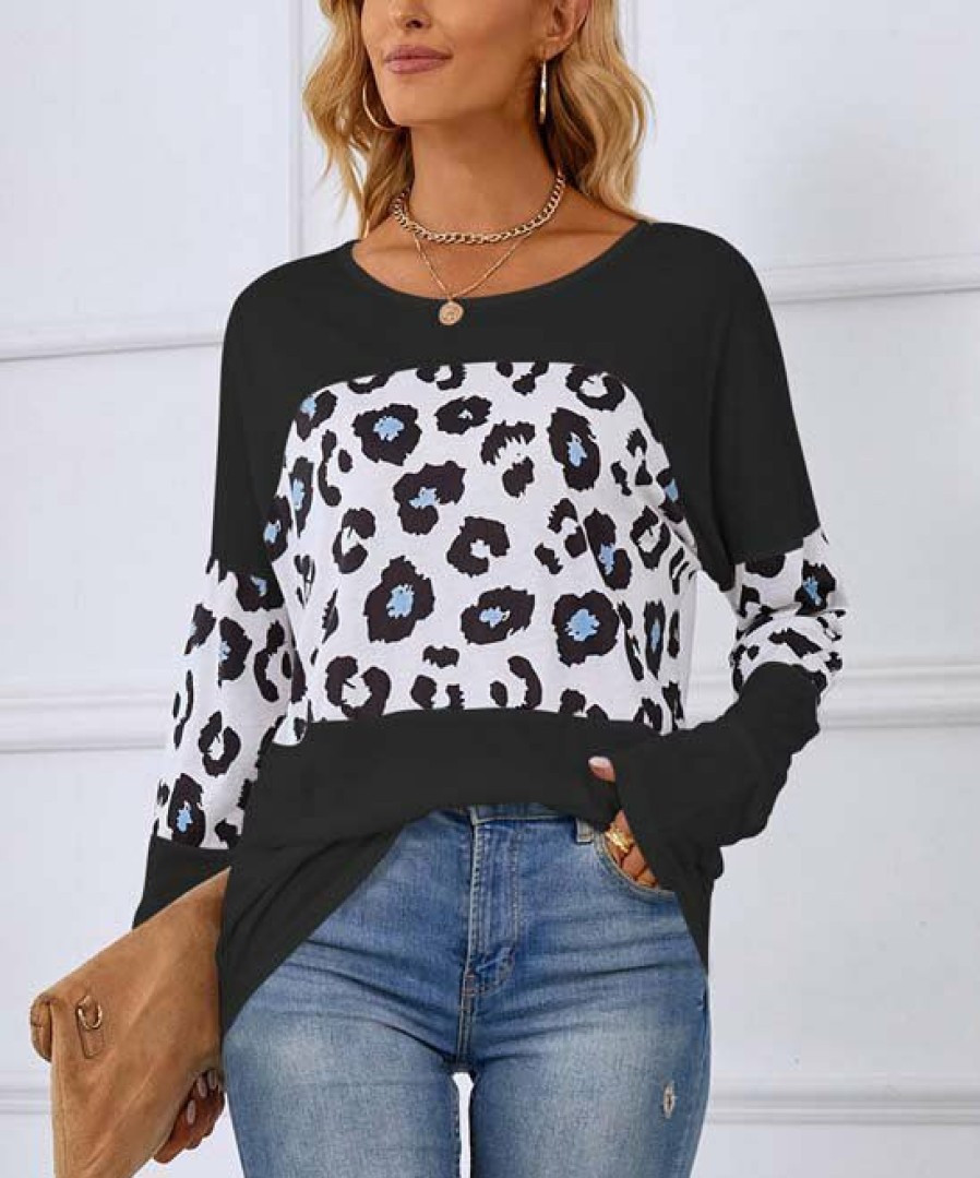 * Clothing | Coupon Camisa Black & Blue Leopard Long-Sleeve Top Women