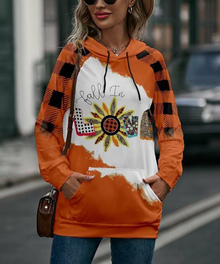 * Clothing | Best Pirce Camisa Orange & Black 'Fall In Love' Pocket Raglan-Sleeve Hoodie Women