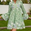 * Clothing | Cheap Camisa Green Floral Trumpet-Sleeve Notch Neck Dress Women