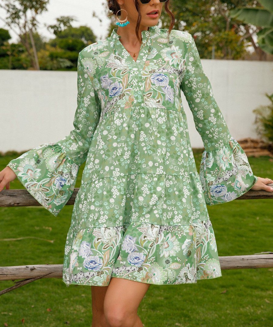 * Clothing | Cheap Camisa Green Floral Trumpet-Sleeve Notch Neck Dress Women