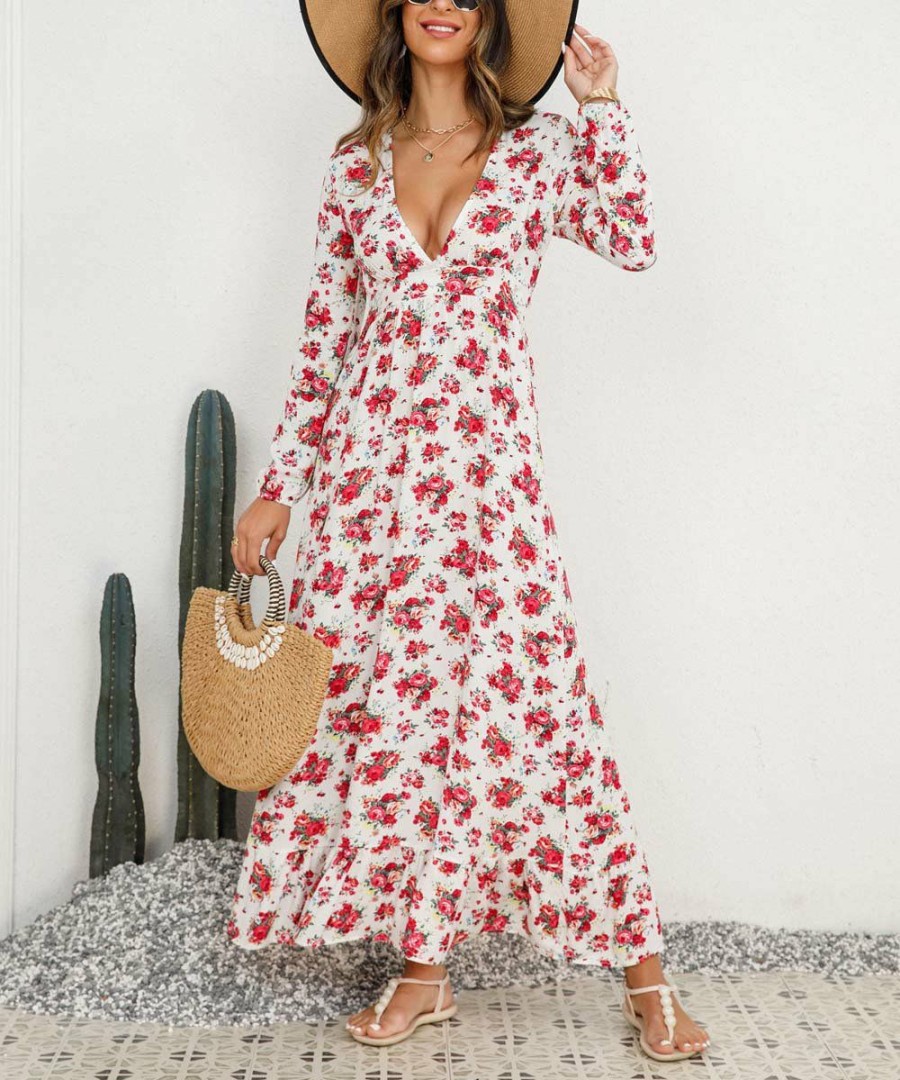 * Clothing | Best Deal Camisa White & Red Floral V-Neck Maxi Dress Women