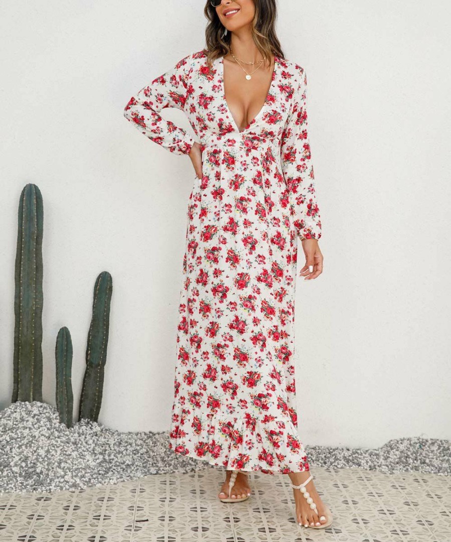 * Clothing | Best Deal Camisa White & Red Floral V-Neck Maxi Dress Women