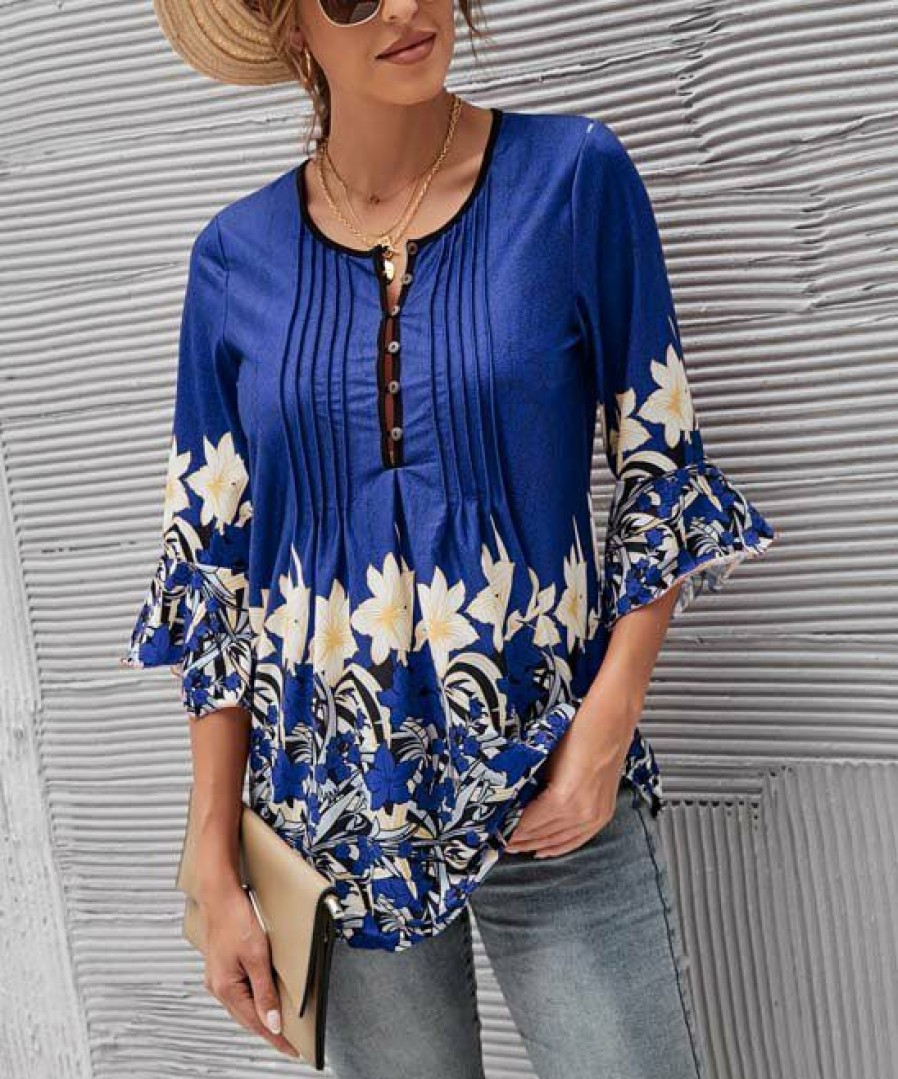 * Clothing | Cheap Camisa Blue & Cream Floral Border Handkerchief-Sleeve Button-Front Top Women