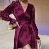 * Clothing | Discount Camisa Wine Leopard Bell-Sleeve Wrap Dress Women