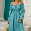 * Clothing | Cheap Camisa Teal Bishop-Sleeve Smocked-Waist A-Line Dress Women