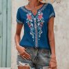 * Clothing | Discount Camisa Navy & Blue Floral Short-Sleeve Notch Neck Top Women